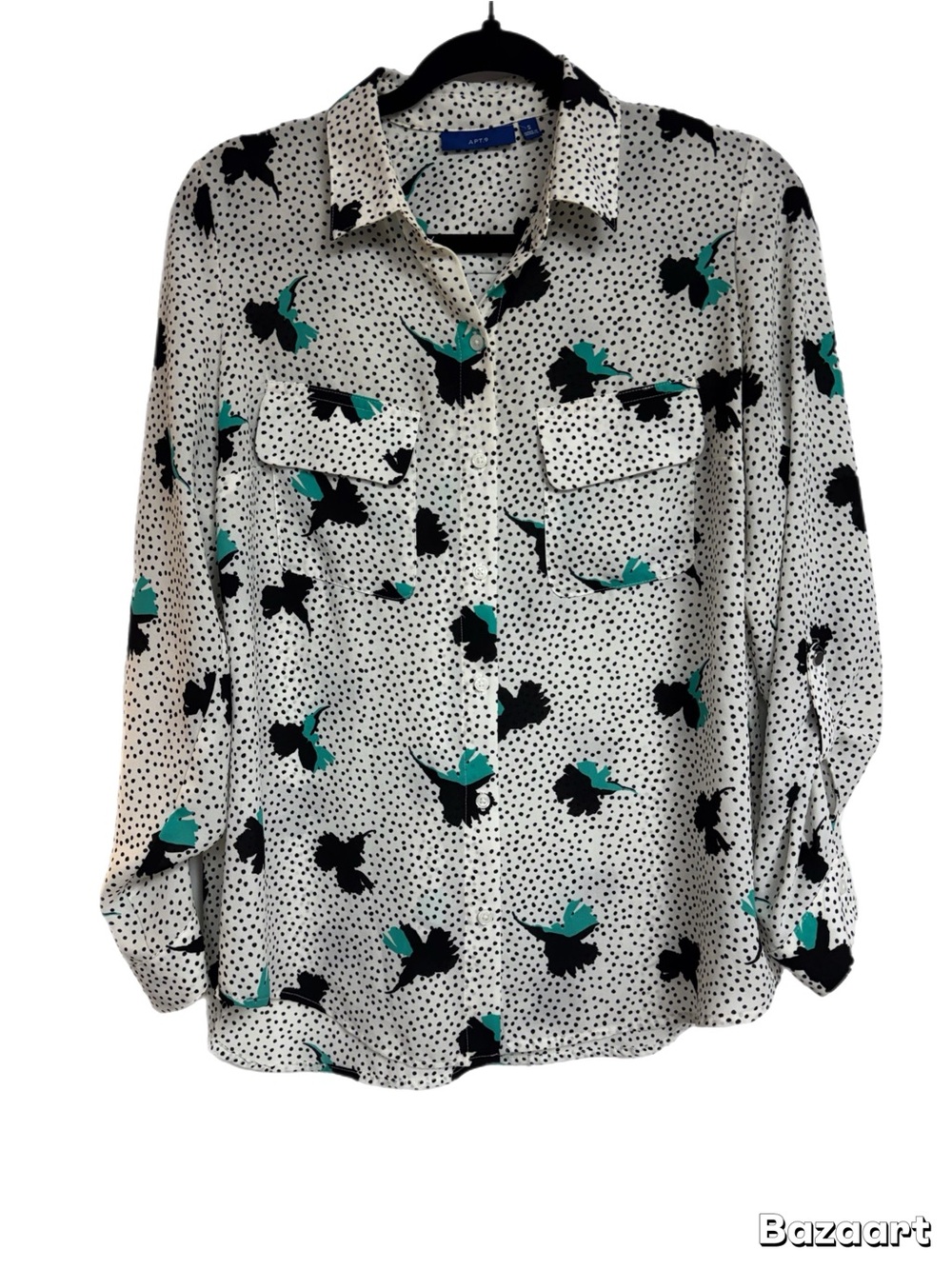 Apt. 9 White Blouse with Black and Teal Floral Women’s S